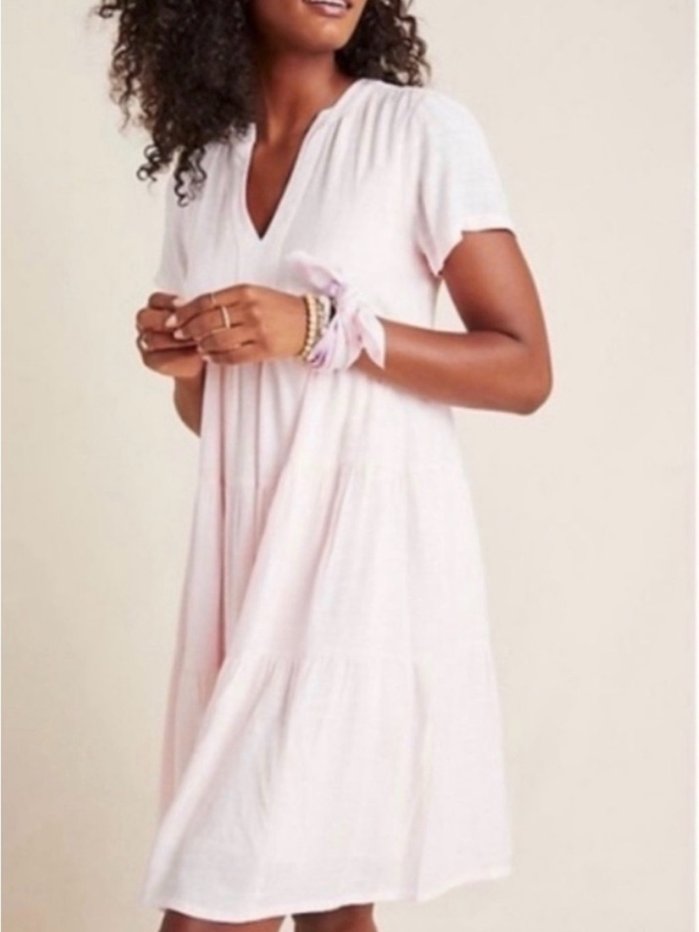 Anthropologie Light Pink V-Neck Tiered Mini Dress